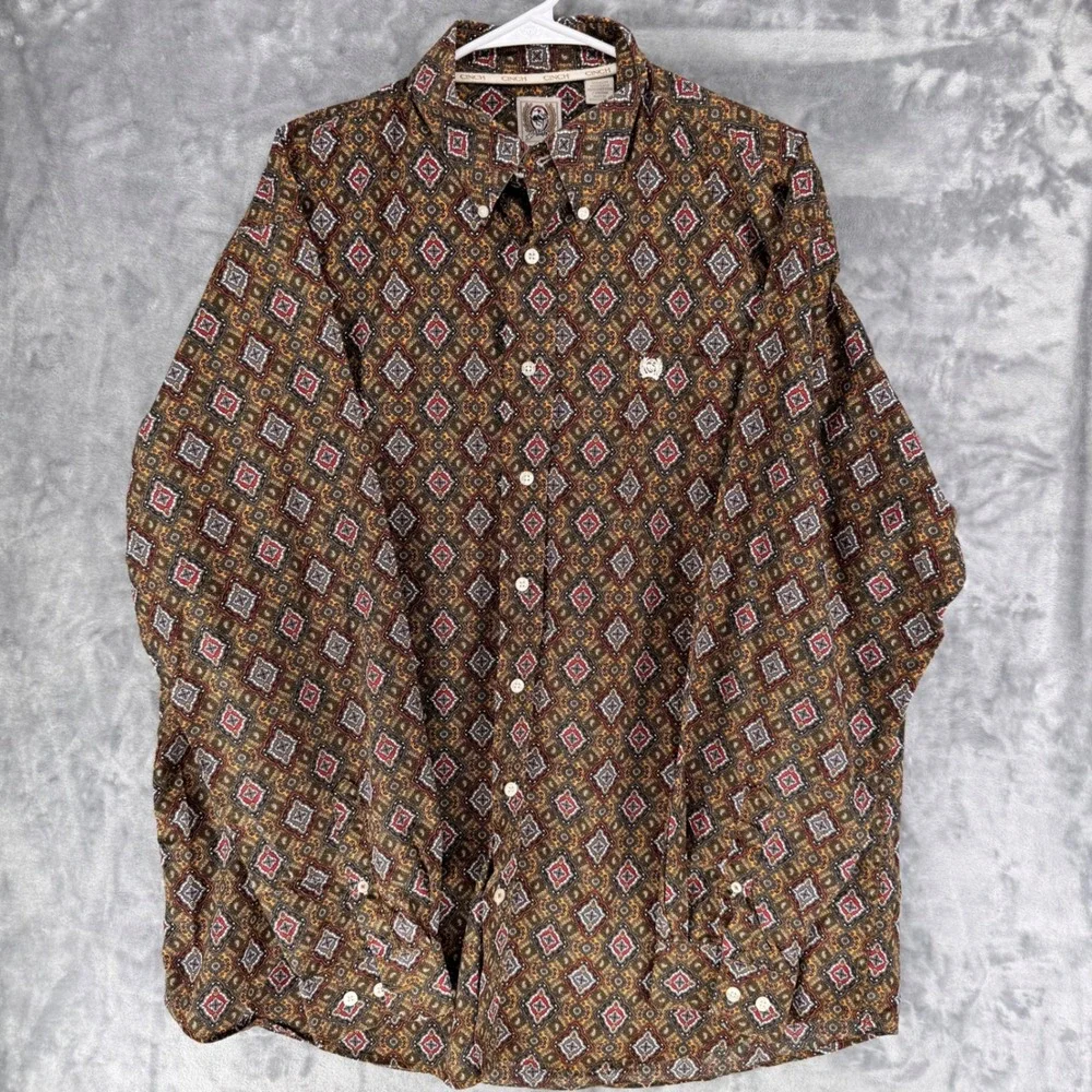 Cinch Mens Geometric Print Long Sleeve Button Down Shirt Brown Red Blue Size L‎